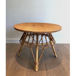 Table Basse Ronde en Rotin, Attribuée à Audoux-Minet, Travail Français, Vers 1950