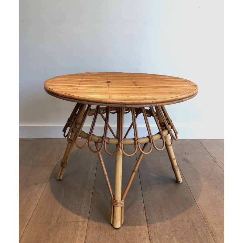 Round Rattan Coffee Table, Attributed to Audoux-Minet, French Work, Circa 1950