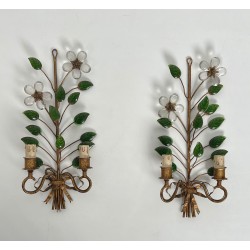 Pair of Gilt Metal and Cut Crystal Wall Sconces with Flowers and Leaves, Maison Baguès, Circa 1950