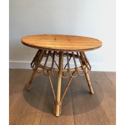 Table Basse Ronde en Rotin, Attribuée à Audoux-Minet, Travail Français, Vers 1950