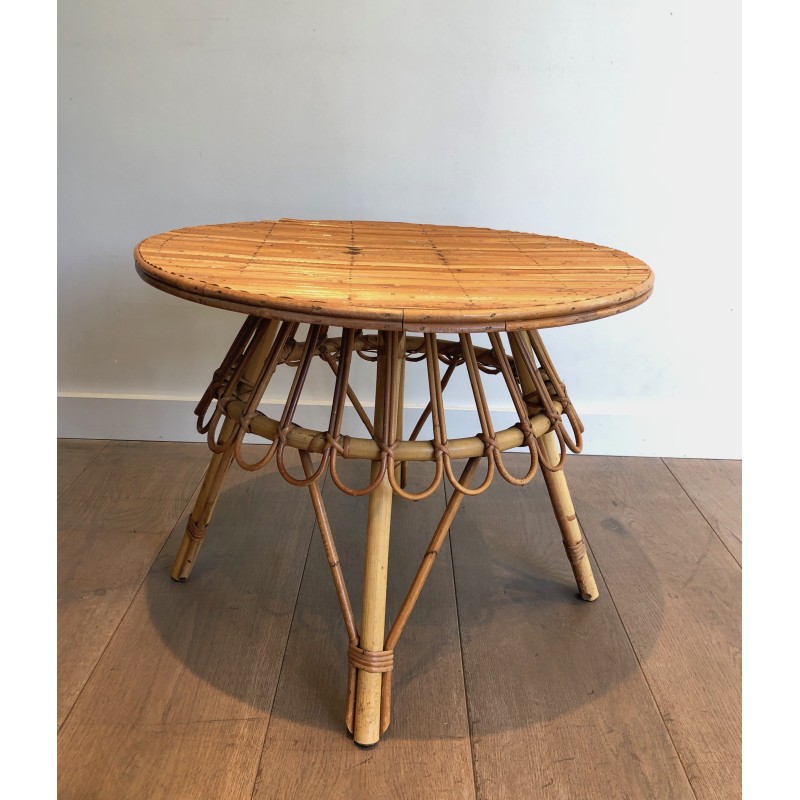 Table Basse Ronde en Rotin, Attribuée à Audoux-Minet, Travail Français, Vers 1950