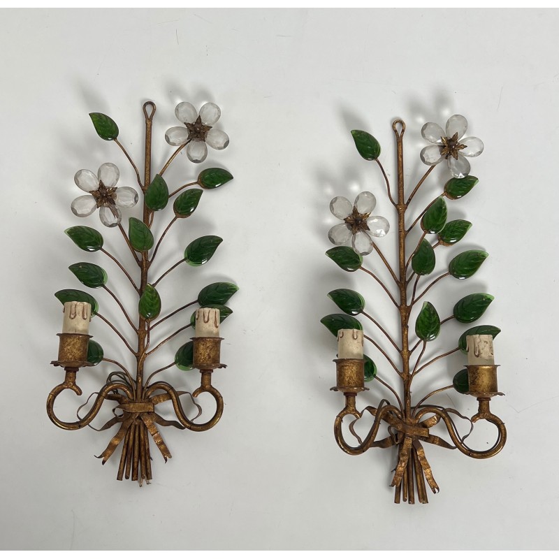 Pair of Gilt Metal and Cut Crystal Wall Sconces with Flowers and Leaves, Maison Baguès, Circa 1950