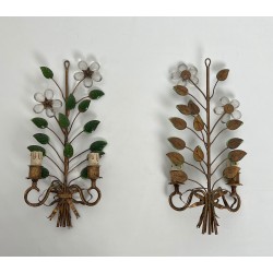 Pair of Gilt Metal and Cut Crystal Wall Sconces with Flowers and Leaves, Maison Baguès, Circa 1950