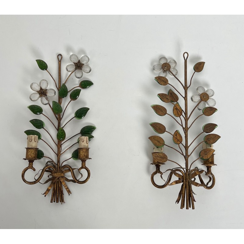 Pair of Gilt Metal and Cut Crystal Wall Sconces with Flowers and Leaves, Maison Baguès, Circa 1950