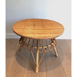 Table Basse Ronde en Rotin, Attribuée à Audoux-Minet, Travail Français, Vers 1950