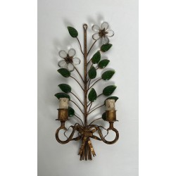 Pair of Gilt Metal and Cut Crystal Wall Sconces with Flowers and Leaves, Maison Baguès, Circa 1950