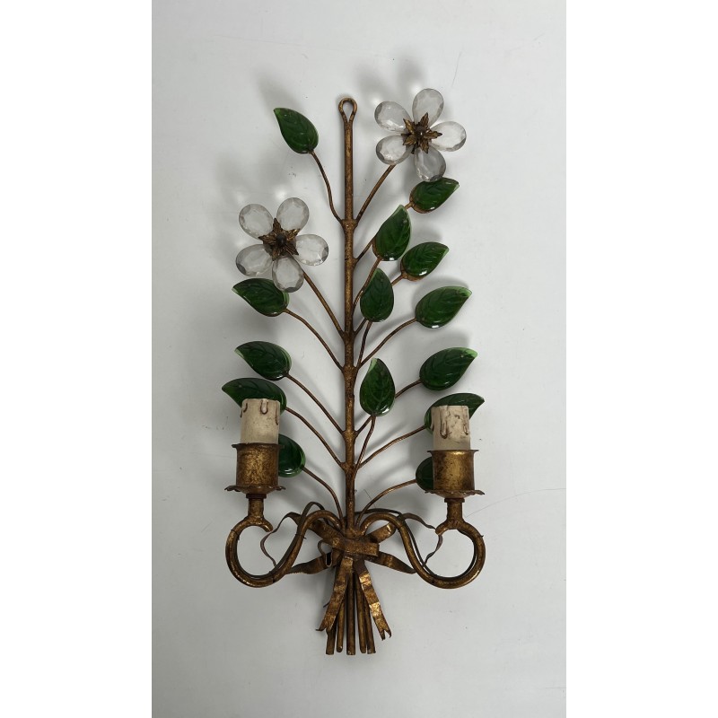 Pair of Gilt Metal and Cut Crystal Wall Sconces with Flowers and Leaves, Maison Baguès, Circa 1950