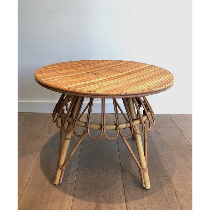 Round Rattan Coffee Table, Attributed to Audoux-Minet, French Work, Circa 1950