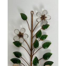 Pair of Gilt Metal and Cut Crystal Wall Sconces with Flowers and Leaves, Maison Baguès, Circa 1950