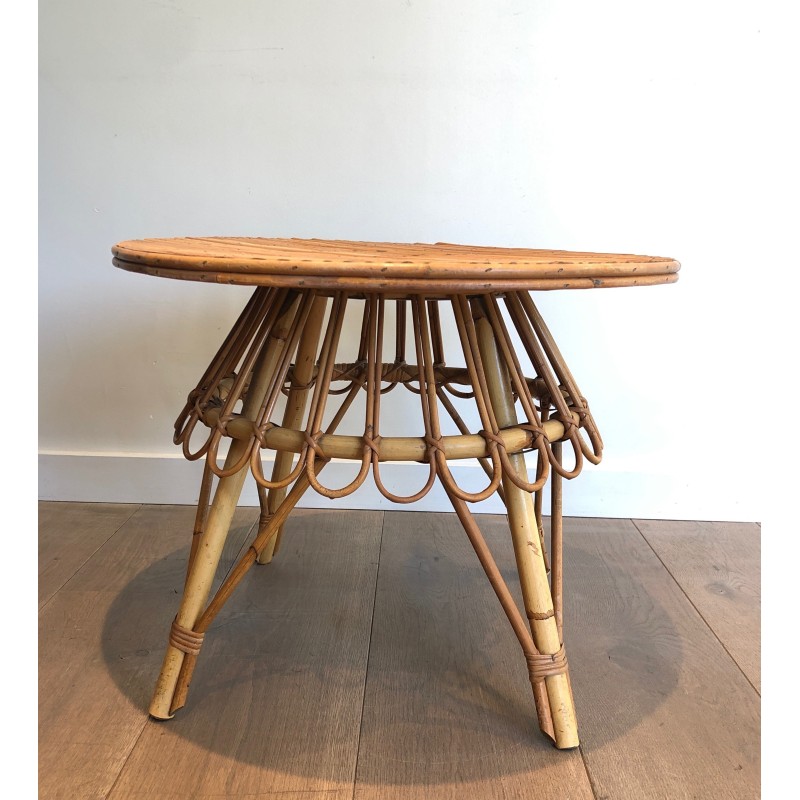 Round Rattan Coffee Table, Attributed to Audoux-Minet, French Work, Circa 1950