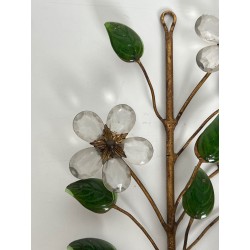 Pair of Gilt Metal and Cut Crystal Wall Sconces with Flowers and Leaves, Maison Baguès, Circa 1950