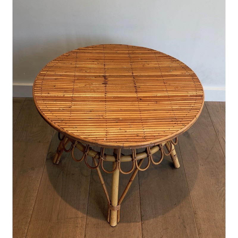 Table Basse Ronde en Rotin, Attribuée à Audoux-Minet, Travail Français, Vers 1950