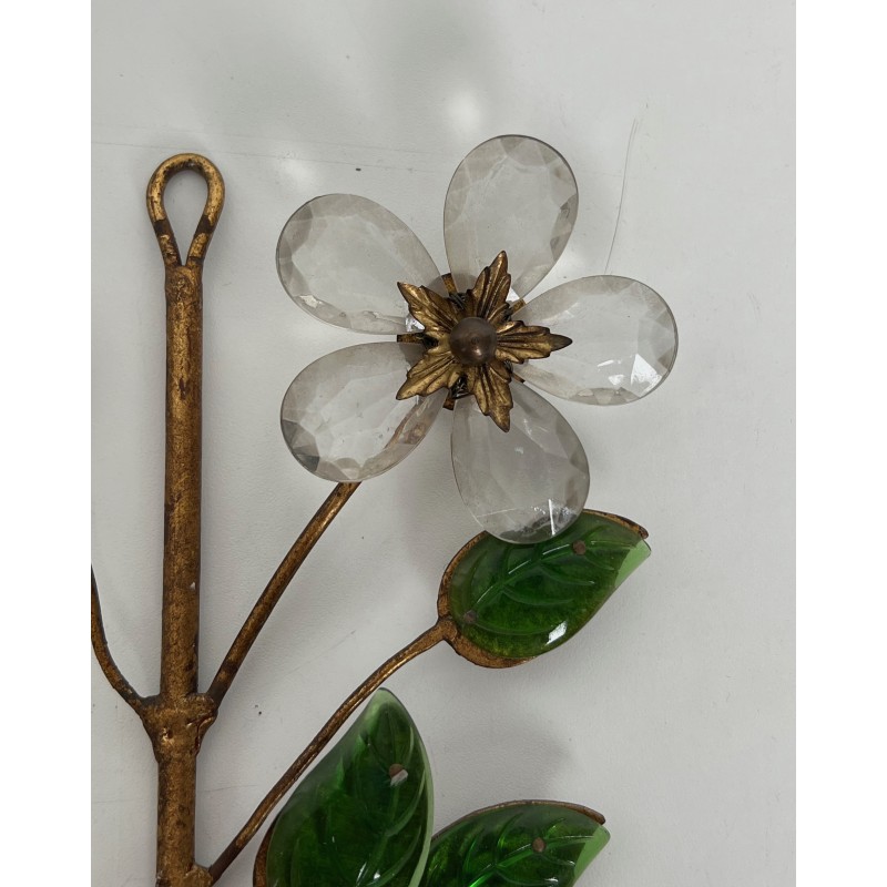 Pair of Gilt Metal and Cut Crystal Wall Sconces with Flowers and Leaves, Maison Baguès, Circa 1950