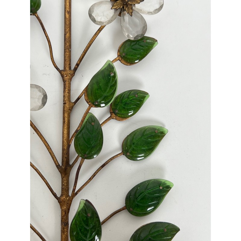 Pair of Gilt Metal and Cut Crystal Wall Sconces with Flowers and Leaves, Maison Baguès, Circa 1950