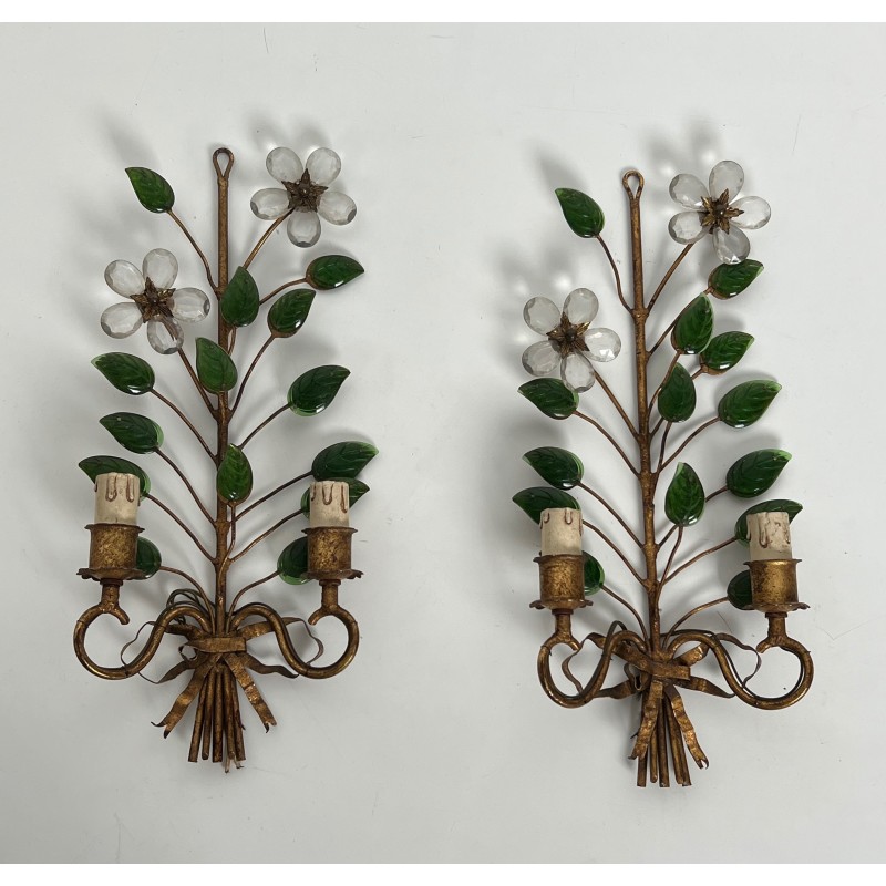 Pair of Gilt Metal and Cut Crystal Wall Sconces with Flowers and Leaves, Maison Baguès, Circa 1950