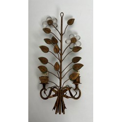 Pair of Gilt Metal and Cut Crystal Wall Sconces with Flowers and Leaves, Maison Baguès, Circa 1950