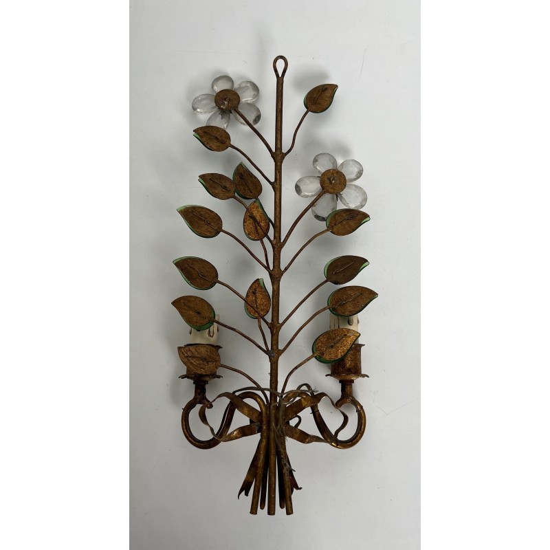 Pair of Gilt Metal and Cut Crystal Wall Sconces with Flowers and Leaves, Maison Baguès, Circa 1950