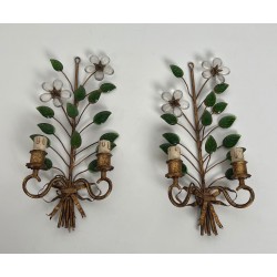 Pair of Gilt Metal and Cut Crystal Wall Sconces with Flowers and Leaves, Maison Baguès, Circa 1950