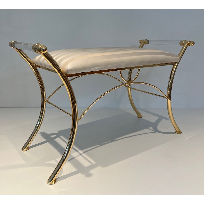 Tabouret en Lucite et Métal Doré, Travail Français, Vers 1970