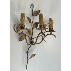 Pair of Gilt Metal Three-Arm Wall Sconces with Leaf Décor | French Work, circa 1970