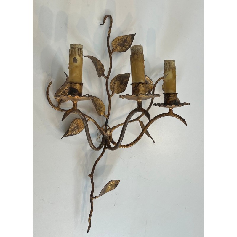 Pair of Gilt Metal Three-Arm Wall Sconces with Leaf Décor | French Work, circa 1970