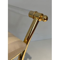 Tabouret en Lucite et Métal Doré, Travail Français, Vers 1970