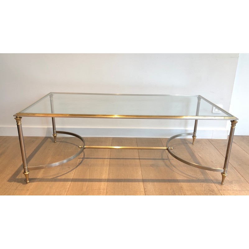 Neoclassical Style Coffee Table in Brushed Steel and Brass by Maison Jansen, circa 1940