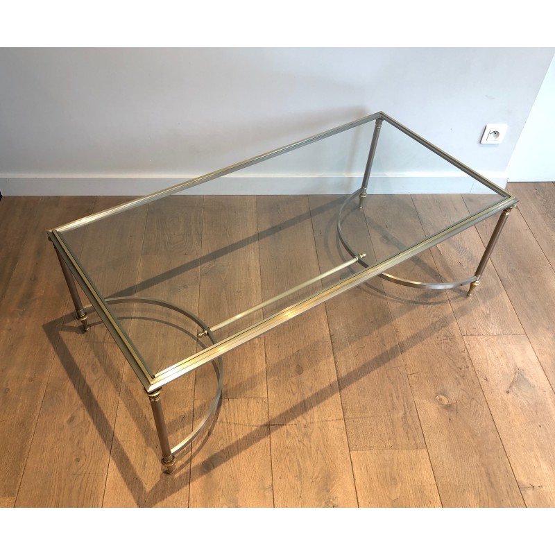 Table Basse de Style Néoclassique en Acier Brossé et Laiton, Maison Jansen, Vers 1940