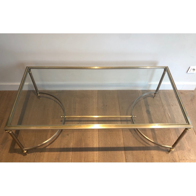 Neoclassical Style Coffee Table in Brushed Steel and Brass by Maison Jansen, circa 1940