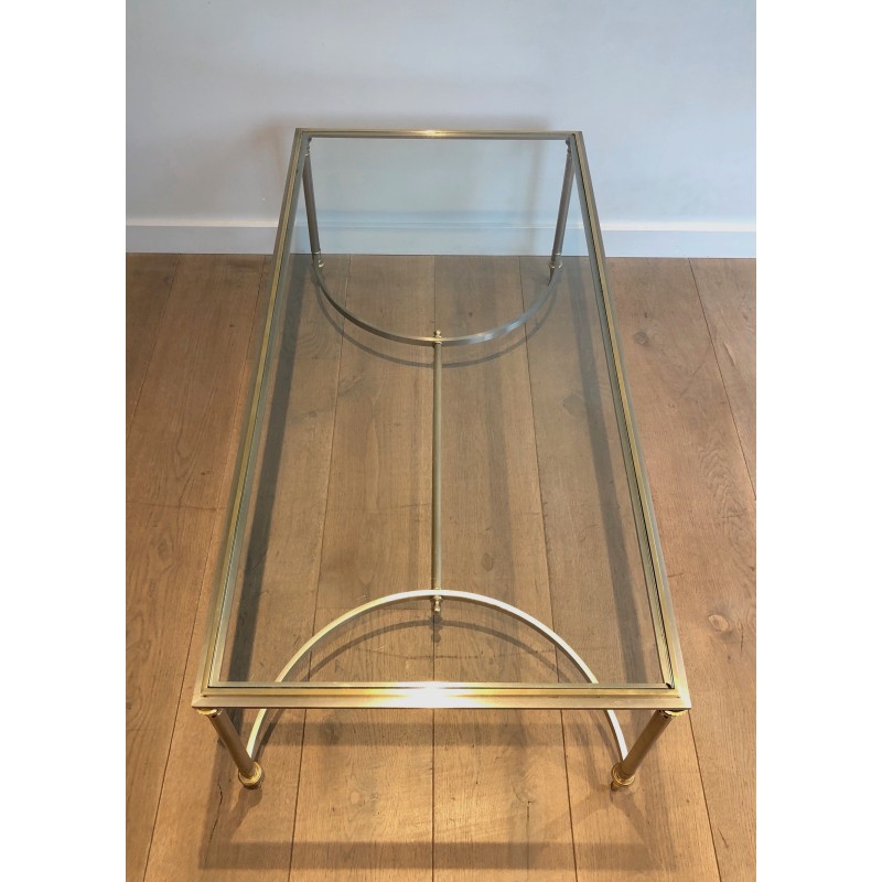 Table Basse de Style Néoclassique en Acier Brossé et Laiton, Maison Jansen, Vers 1940