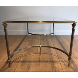 Neoclassical Style Coffee Table in Brushed Steel and Brass by Maison Jansen, circa 1940