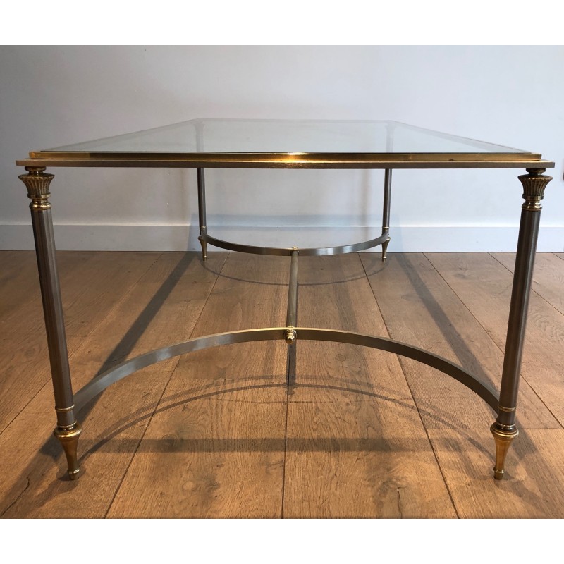 Neoclassical Style Coffee Table in Brushed Steel and Brass by Maison Jansen, circa 1940