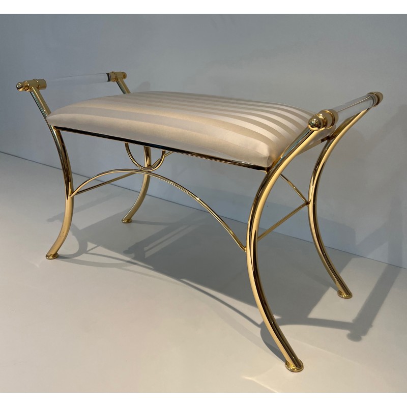 Tabouret en Lucite et Métal Doré, Travail Français, Vers 1970