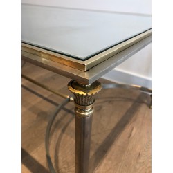 Table Basse de Style Néoclassique en Acier Brossé et Laiton, Maison Jansen, Vers 1940
