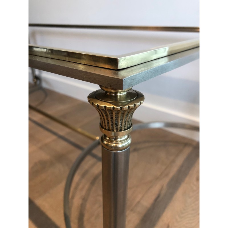 Neoclassical Style Coffee Table in Brushed Steel and Brass by Maison Jansen, circa 1940