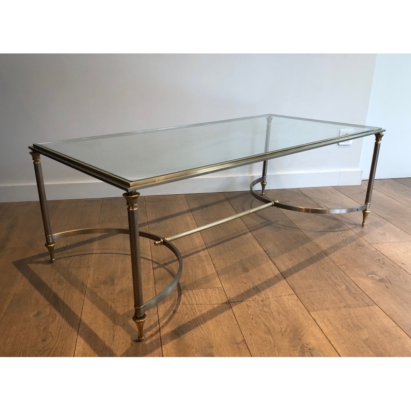 Table Basse de Style Néoclassique en Acier Brossé et Laiton, Maison Jansen, Vers 1940