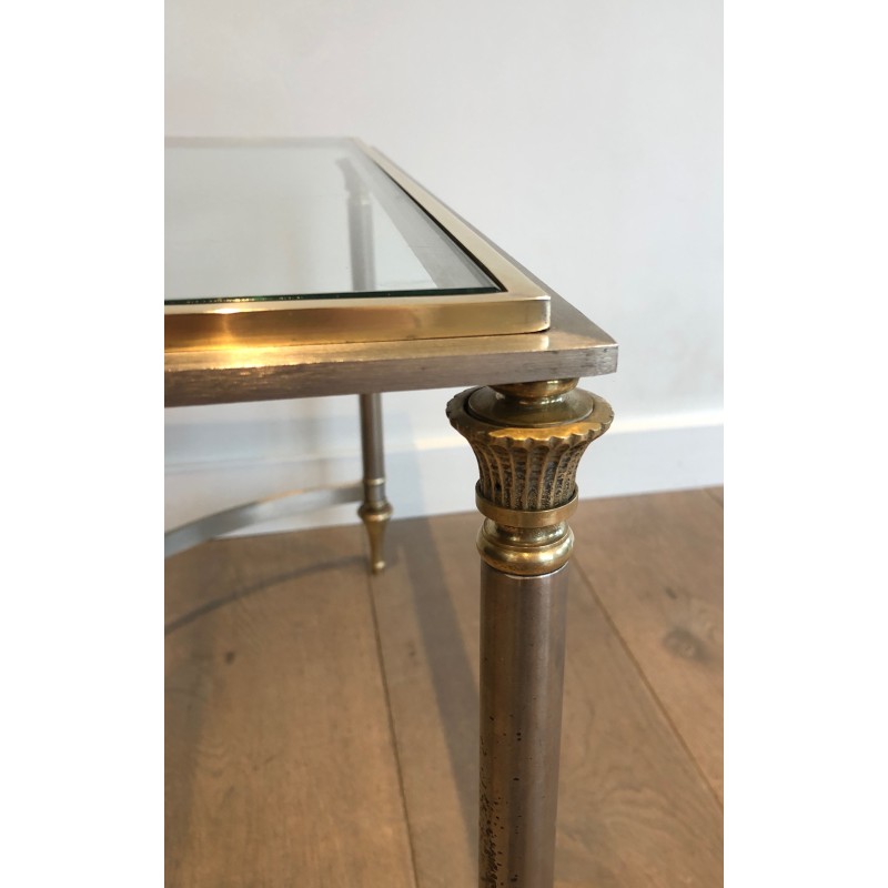 Neoclassical Style Coffee Table in Brushed Steel and Brass by Maison Jansen, circa 1940