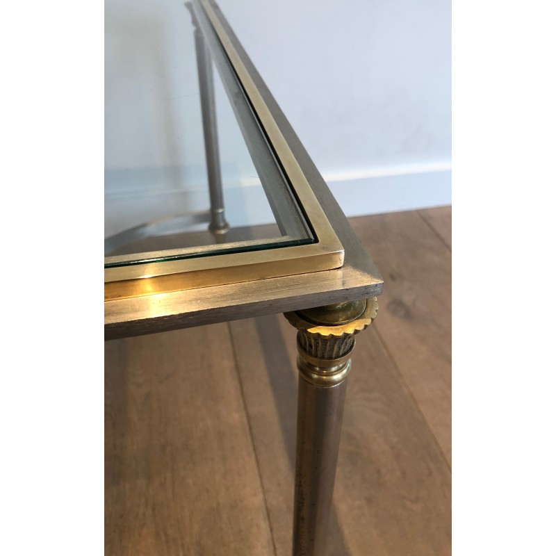 Neoclassical Style Coffee Table in Brushed Steel and Brass by Maison Jansen, circa 1940