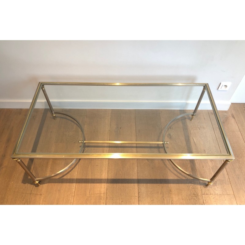 Neoclassical Style Coffee Table in Brushed Steel and Brass by Maison Jansen, circa 1940