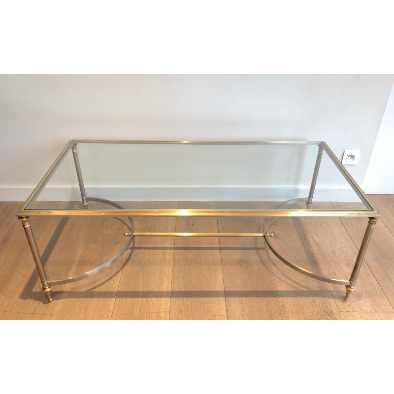 Table Basse de Style Néoclassique en Acier Brossé et Laiton, Maison Jansen, Vers 1940