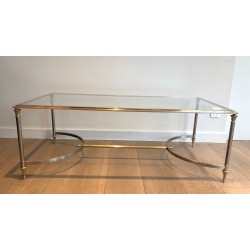 Table Basse de Style Néoclassique en Acier Brossé et Laiton, Maison Jansen, Vers 1940