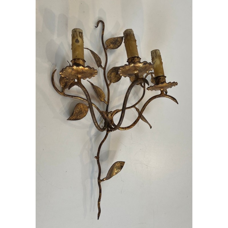 Pair of Gilt Metal Three-Arm Wall Sconces with Leaf Décor | French Work, circa 1970