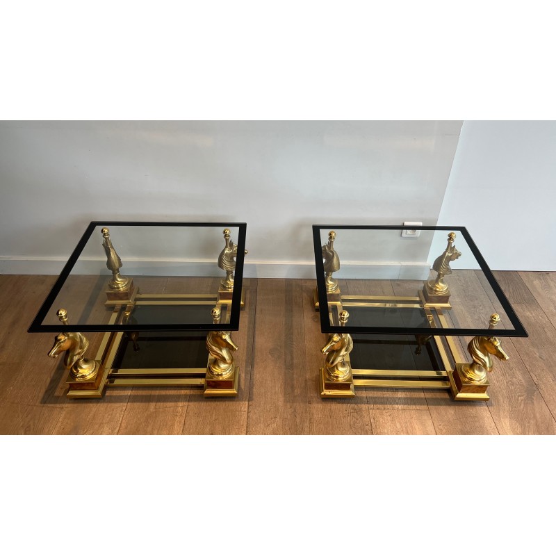 Paire de Bouts de Canapé Carrés à Têtes de Chevaux en Laiton de la Maison Charles en Verre Laqué Noir