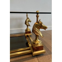 Paire de Bouts de Canapé Carrés à Têtes de Chevaux en Laiton de la Maison Charles en Verre Laqué Noir