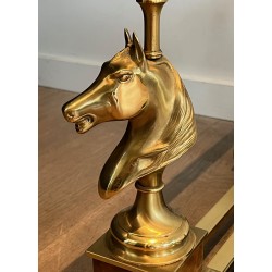 Paire de Bouts de Canapé Carrés à Têtes de Chevaux en Laiton de la Maison Charles en Verre Laqué Noir