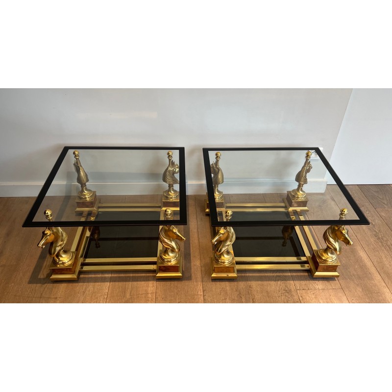Paire de Bouts de Canapé Carrés à Têtes de Chevaux en Laiton de la Maison Charles en Verre Laqué Noir