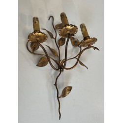 Pair of Gilt Metal Three-Arm Wall Sconces with Leaf Décor | French Work, circa 1970