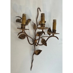 Pair of Gilt Metal Three-Arm Wall Sconces with Leaf Décor | French Work, circa 1970