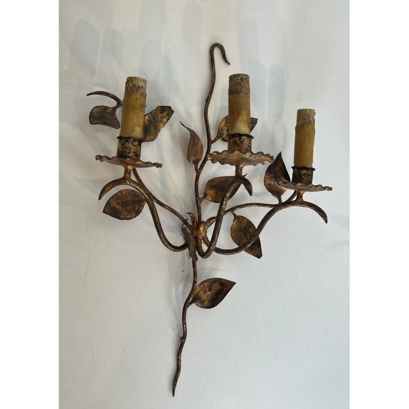Pair of Gilt Metal Three-Arm Wall Sconces with Leaf Décor | French Work, circa 1970