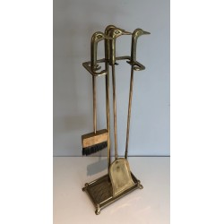 Neoclassical Style Brass Fireplace Tools with Duck Head Handles, French Work, circa 1970
